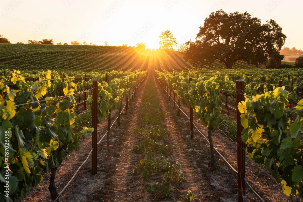Capture the golden hues of the setting sun over rows of lush grapevines, casting long shadows and creating a warm, inviting atmosphere. 
