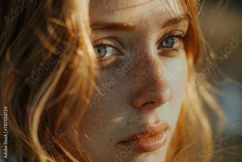 Close-up of a woman with captivating freckles and sunlit eyes, a portrait of natural beauty and a gentle, reflective gaze.