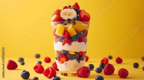 Chocolate and strawberry fruit salad with yogurt and berries on a white plate photo