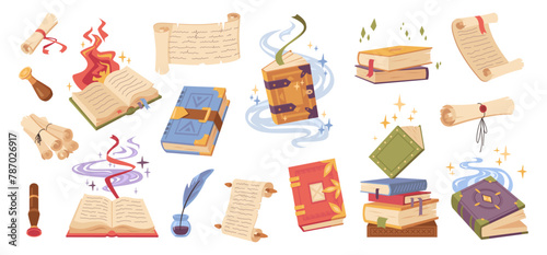 Spell magic books, isolated scrolls and manuscripts for sorcerers and witches. Vector flat cartoon style, old fantasy volumes with seals and decor, bookmarks and sparkles. Wizard or witch grimoires