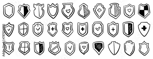 Monochrome shields doodles with cross or heart. Vector flat cartoon style, isolated protection and healthcare, safety and security concept. Health organization or wellbeing, hospital or clinic