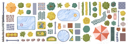 Decoration and objects for landscape design. Vector flat cartoon style, isolated pool and bushes, tile and bricks, umbrella for shade and plants for outdoors. Yard or garden decor for outside