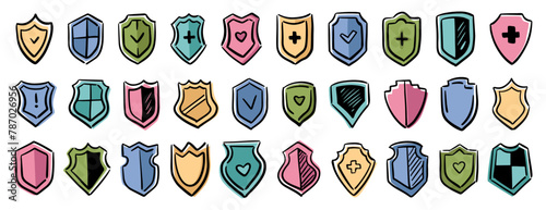 Protection and safety, symbols of doodle shields with cross and heart. Vector flat cartoon style, isolated icon for healthcare organization or hospital, insurance or health institutions
