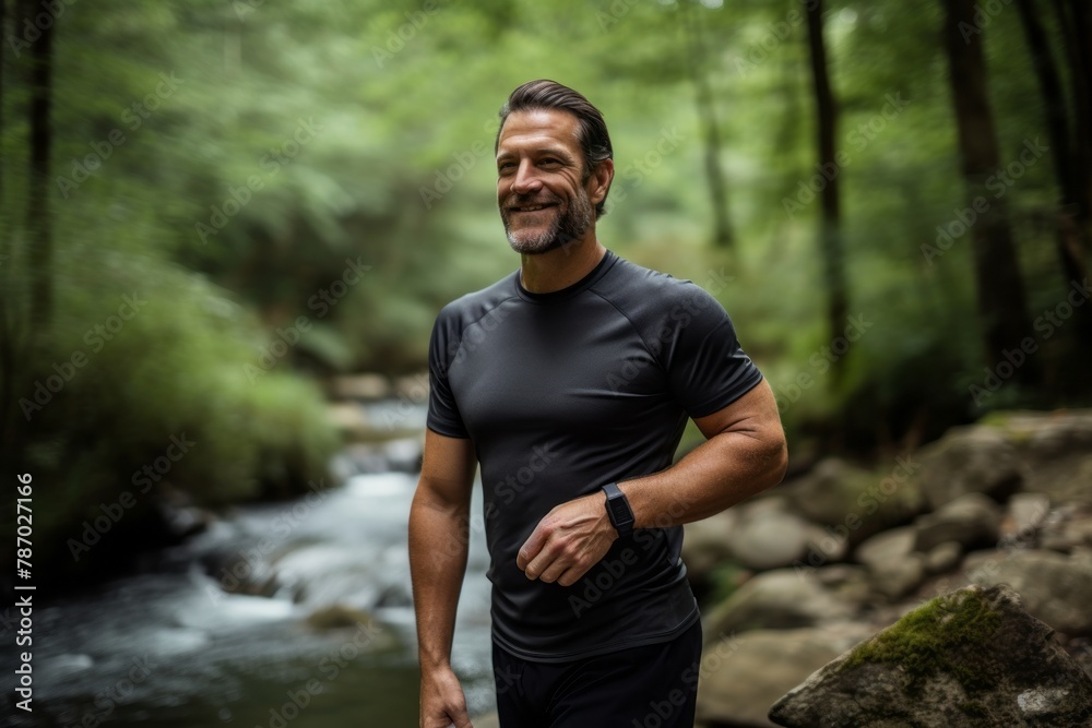 Portrait of a content man in his 40s wearing a moisture-wicking running shirt while standing against tranquil forest stream