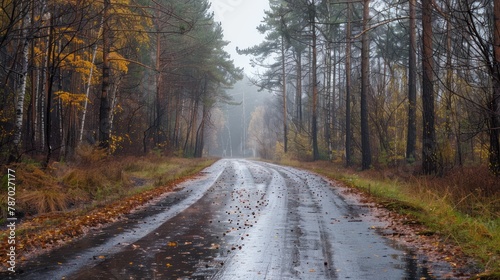 View of the wet road along the forest after rain