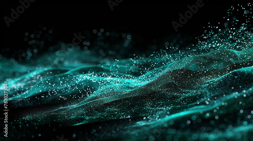 Seafoam and turquoise particles meander on black ocean depth.