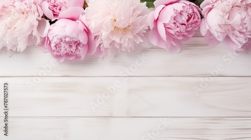 Elegant Pink Peonies Arranged on a White Wooden Table Background © Miva