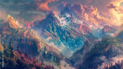 Step into a mesmerizing world of contemporary nature, where a stunning mountain landscape unfolds across a poster, brought to life by Generative AI.  #787027702