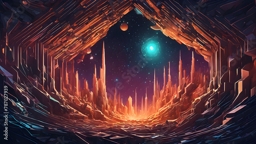 A vibrant landscape depicting a cave illuminated by flames amidst rocky textures