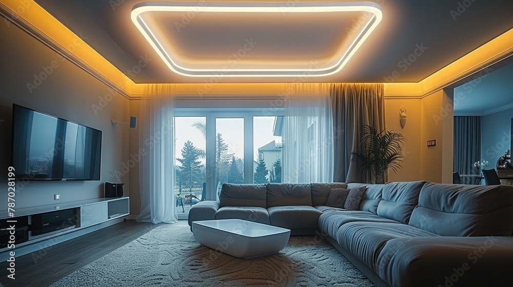 Fototapeta premium LED ceiling lights in the living room. Generative AI.
