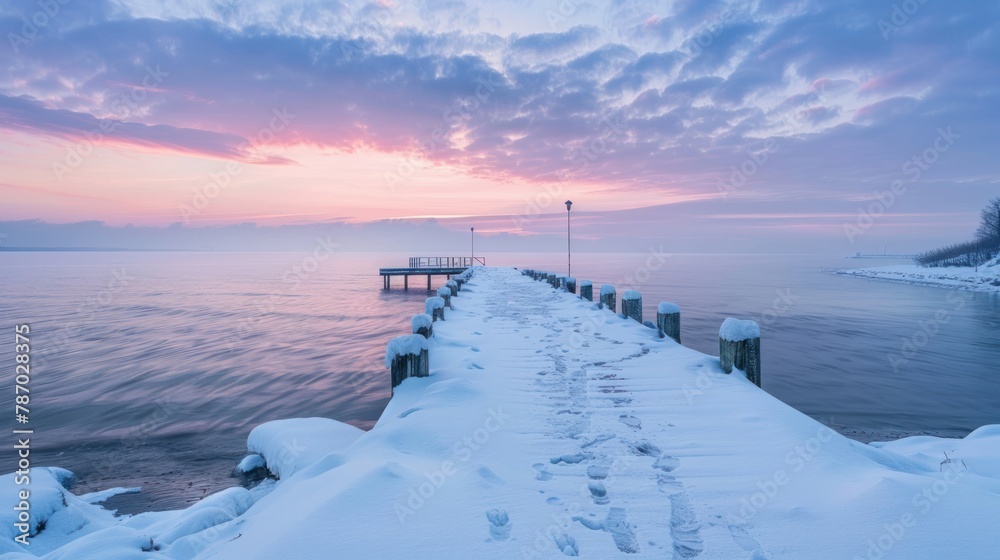 Winter pier by the Baltic Sea in Gdynia Orlowo at dawn. Poland