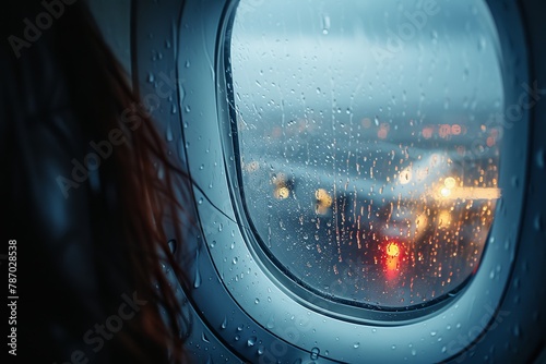 Melancholic Skies  A Womans Gaze Meets Raindrops on an Airplane Window
