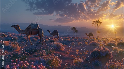 Evening sky in a desert, some camels are walking , there are few Translucent futuristic inorganic flowers and grass. Generative AI.