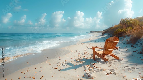 a solitary chair placed on the sand, providing a quiet haven for enjoying the beauty of the seaside, in realistic 8k high resolution. photo