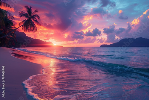 A beach with palm trees and soft ocean waves rolling on the sand in the rays of the setting sun