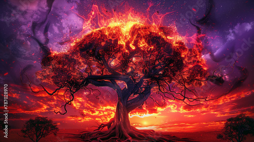 Fiery palette brain tree evokes creative intensity against a purple evening.