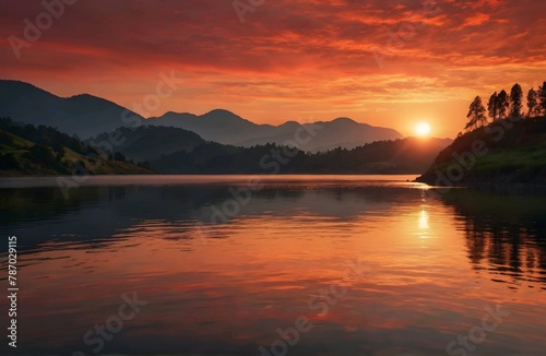 Sunset landscape with red sky, silhouettes of mountains, hills and trees and lake reflection © Rafli