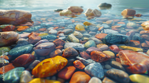 Step into a peaceful environment where a serene landscape is enhanced by the presence of colorful rocks in the water. 