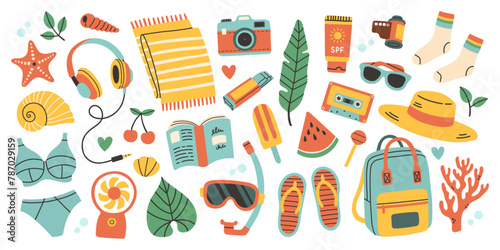 Summer vector set for sticker. Icons, signs, banners. Bright summertime poster. Collection elements for summer holiday.