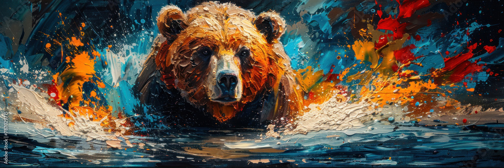 A captivating artwork portraying a bear amidst a storm of vibrant and dynamic paint strokes, evoking a sense of wildness - obrazy, fototapety, plakaty 