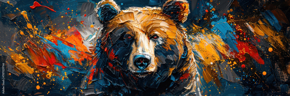 A bear portrait with a dynamic twist, featuring bold, colorful splashes that give the impression of movement and life