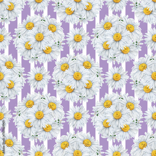 Fototapeta Naklejka Na Ścianę i Meble -  Seamless pattern of watercolour chamomile flowers bouquet round. Hand drawn illustration. Botanical hand painted floral elements on striped lilac background. For print decoration, fabric, wrapping.