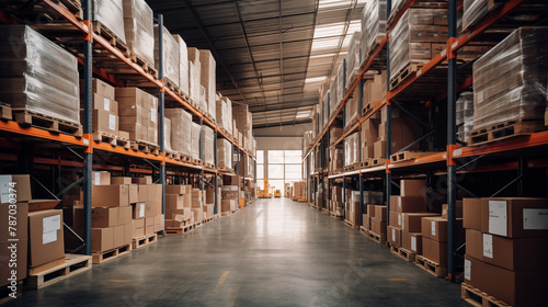 Industrial Warehouse Interior with Rows of Shelves and Pallets