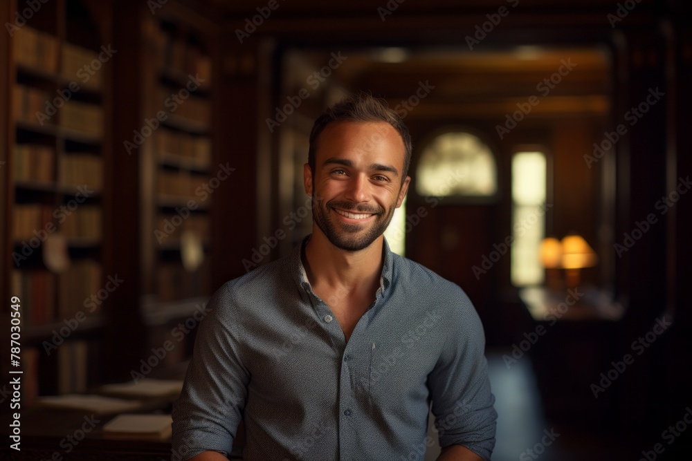 Obraz premium Portrait of a joyful man in his 30s donning a classy polo shirt in classic library interior