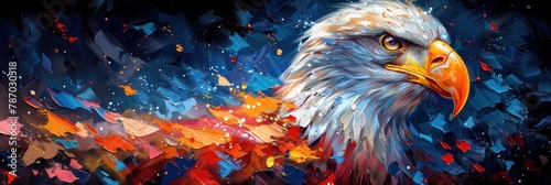 This image features a vibrant and dynamic painting of a majestic eagle soaring with abstract colorful splatters and strokes