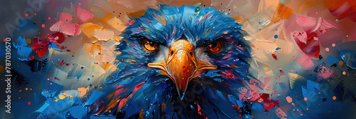 A captivating abstract painting showcasing the intense and focused gaze of an eagle with a blend of vibrant colors and textures