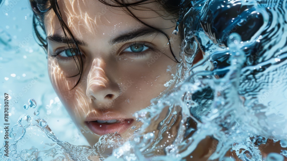 Woman with water splashing, skincare and freshness themes. Woman with water splashing, skincare and freshness themes.