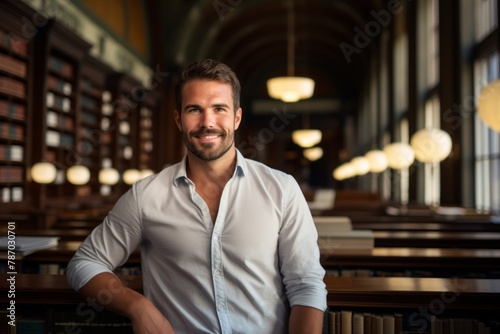 Portrait of a joyful man in his 30s donning a classy polo shirt isolated in classic library interior
