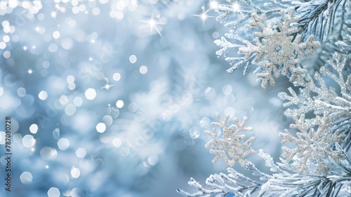 Icy blue snowflake decorations on a white backdrop, holiday marketing material. © mashimara