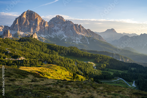 Vibrant colors of sunrise in mountains. Dolomites, Italy. photo