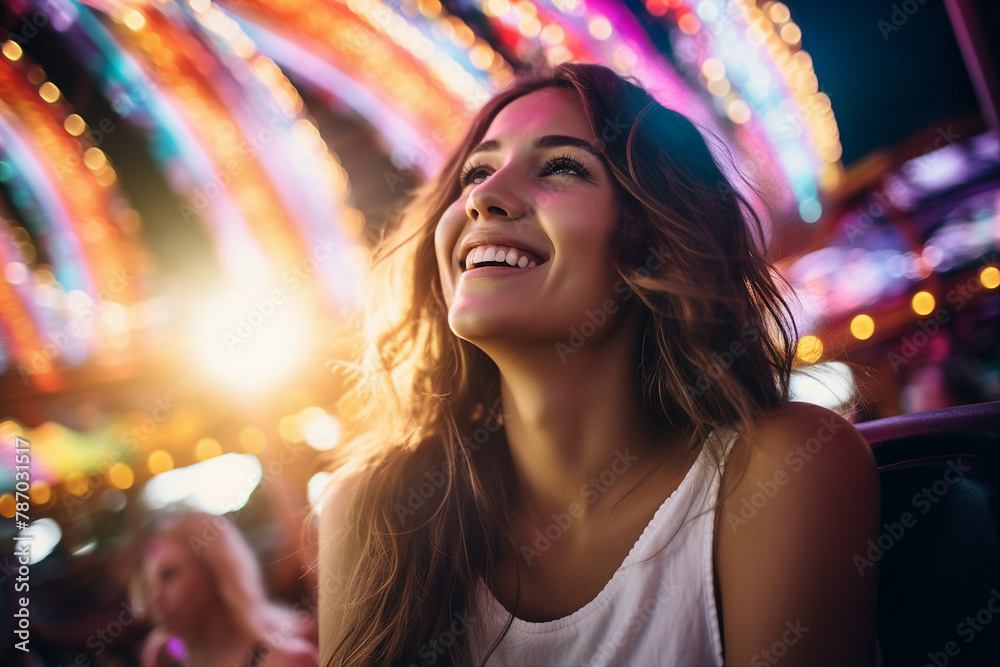 Generated AI image of happy young girl having fun on a carousel at an amusement park