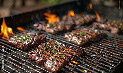 Flames dance beneath mouthwatering steaks sizzling on a hot grill creating a visual feast photo