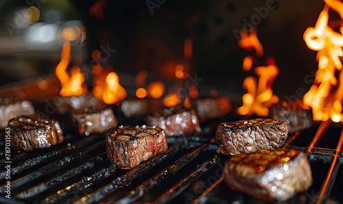 Steaks sear over a fiery grill flames charring the edges and releasing tantalizing aromas photo