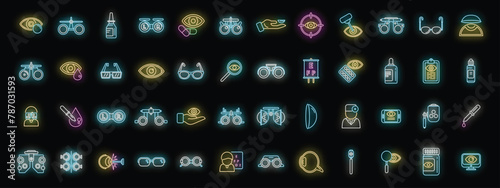 Optometry icons set outline vector. Medical eye. Lasik machine neon color on black