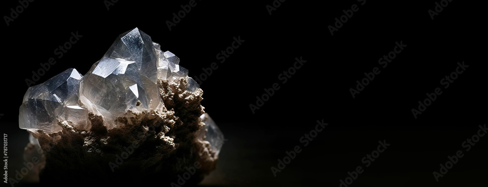 Hyalite is rare precious natural stone on black background. AI generated. Header banner mockup with space.