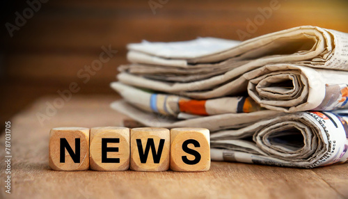 Stacked and folded newspapers, above the word NEWS in wooden block puzzle dice, on a wooden table or desk. concept for newspaper, the media, press release and global communications. Generative Ai.