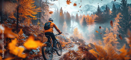 Man riding a bicycle across extreme forest trails. Generative AI.