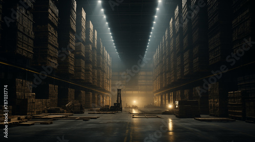 Huge dark industrial warehouse filled with stacked pallets of various goods