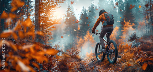 Man riding a bicycle across extreme forest trails. Generative AI.