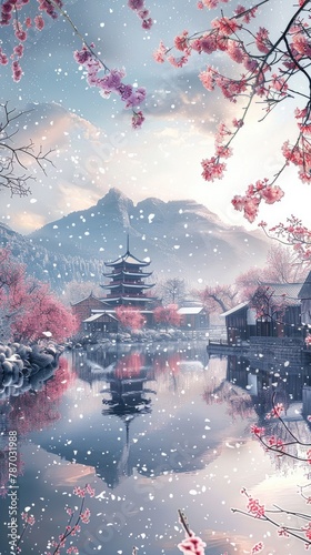 High mountains and lakes, towering pagodas, pink cherry blossom trees