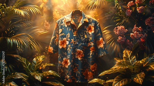 Hawaiian springtime with an exquisitely detailed shirt featuring lush botanical prints, portrayed in cinematic 8k high resolution.