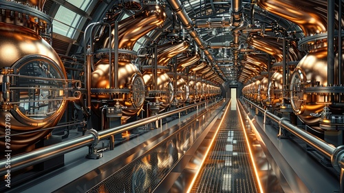An industrial style copper and glass whisky still room, filled with large rows of shiny circular steel pipes that go around in each direction as far up as eye level. Generative AI.