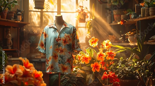 Hawaiian spring fashion with a visually captivating shirt adorned with colorful motifs inspired by the island's natural beauty, portrayed in cinematic 8k high resolution.
