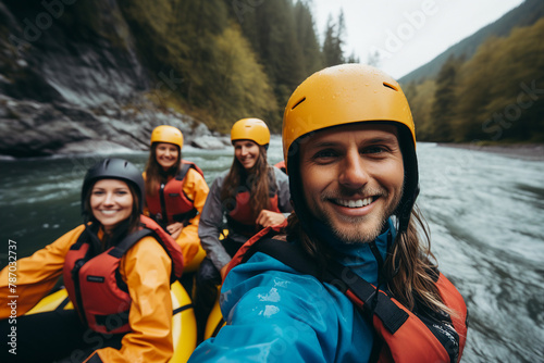 Dangerous extreme hobby people sailing kayaking down river active sportive lifestyle Generative AI picture