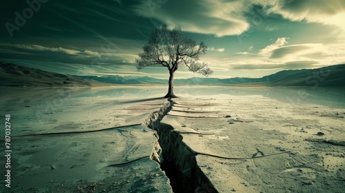 Lone tree in a desolate terrain with a gaping fissure, a powerful metaphor for solitude and the stark reality of environmental degradation