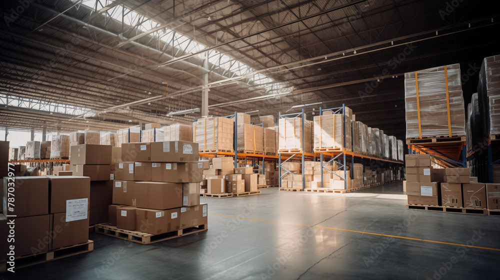 Industrial Warehouse Interior with Rows of Shelves and Pallets Industrial Warehouse Interior with Rows of Shelves and Pallets